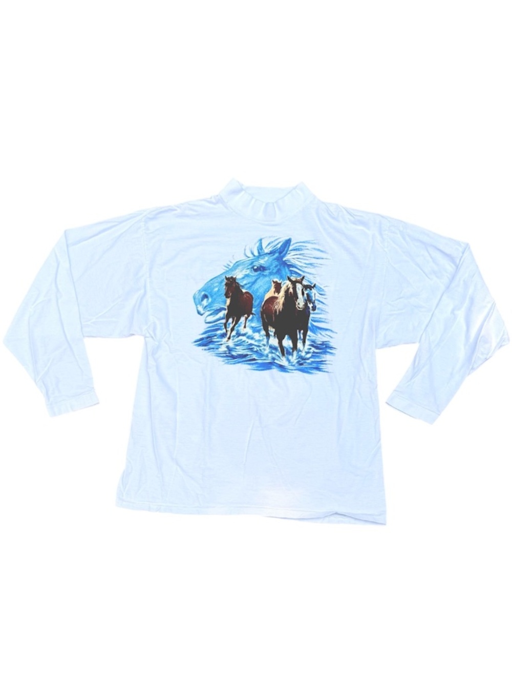Vintage 90s Running Horses Graphic Mock Neck Long Sleeve White T-Shirt XL